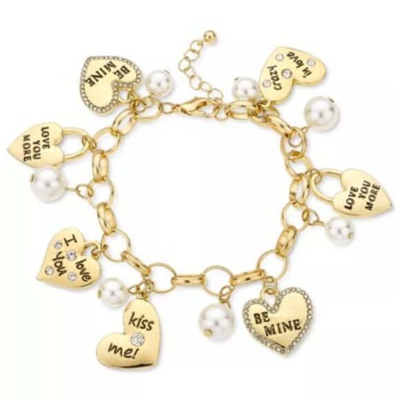 NEW HOLIDAY LANE SILVER-TONE PAVE MULTI CHARM LOVE STAMP  Womens Holiday Lane Pave Valentine Faux Pearl & Rhinestone Heart Charm Bracelet